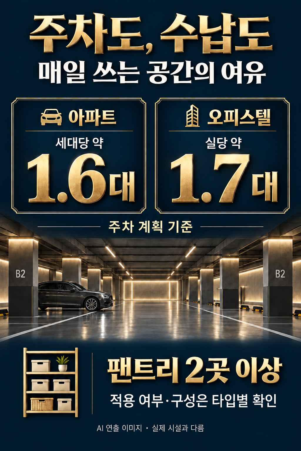 주차 계획 기준 아파트 세대당 약 1.6대, 오피스텔 실당 약 1.7대. 공식 소개 팬트리 2곳 이상. 적용 여부와 구성은 타입별로 확인해야 합니다. AI 연출 이미지로 실제 시설과 다릅니다.