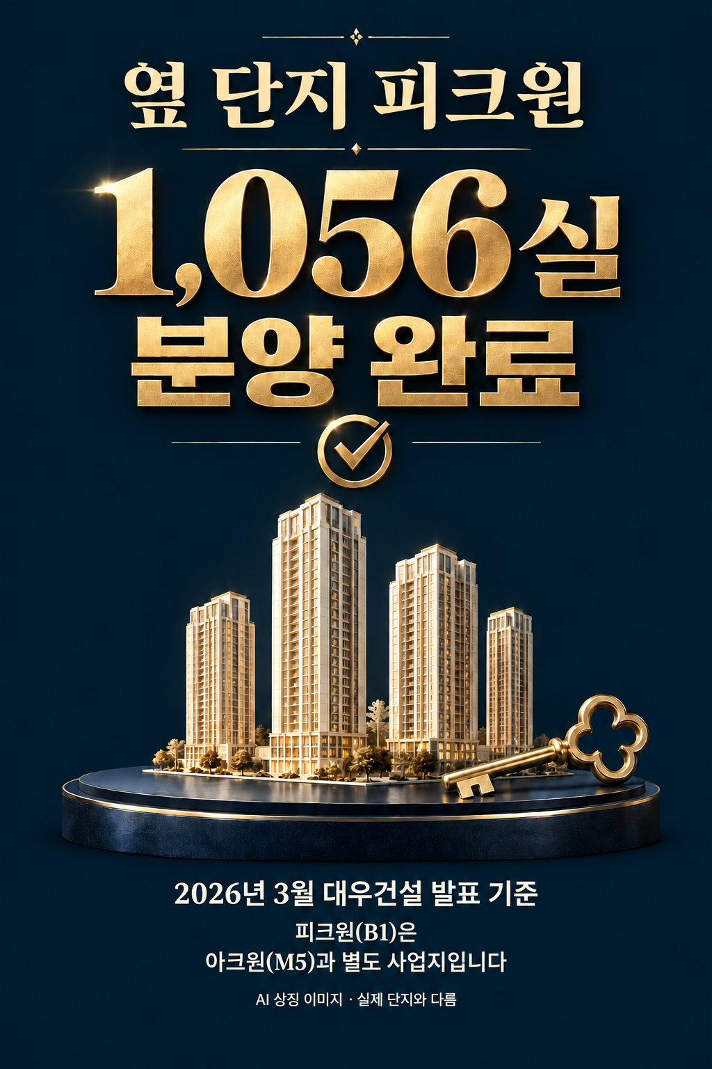 옆 단지 피크원 1,056실 분양 완료. 2026년 3월 대우건설 발표 기준. 피크원 B1은 아크원 M5와 별도 사업지입니다. AI 상징 이미지로 실제 단지와 다릅니다.
