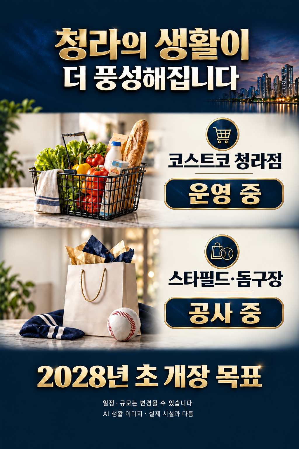 코스트코 청라점 운영 중. 스타필드·돔구장 공사 중, 2028년 초 개장 목표. 일정과 규모는 변경될 수 있습니다. AI 생활 이미지로 실제 시설과 다릅니다.