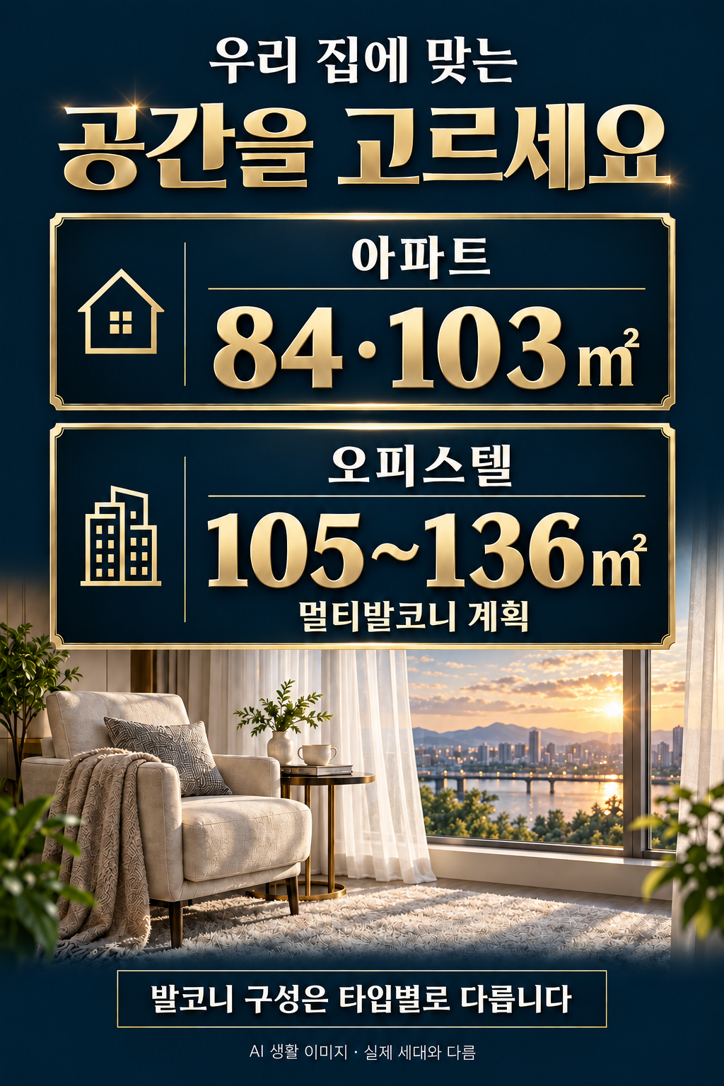 아파트 전용 84·103㎡, 오피스텔 전용 105~136㎡. 오피스텔 멀티발코니 계획, 발코니 구성은 타입별로 다릅니다. AI 생활 이미지로 실제 세대와 다릅니다.