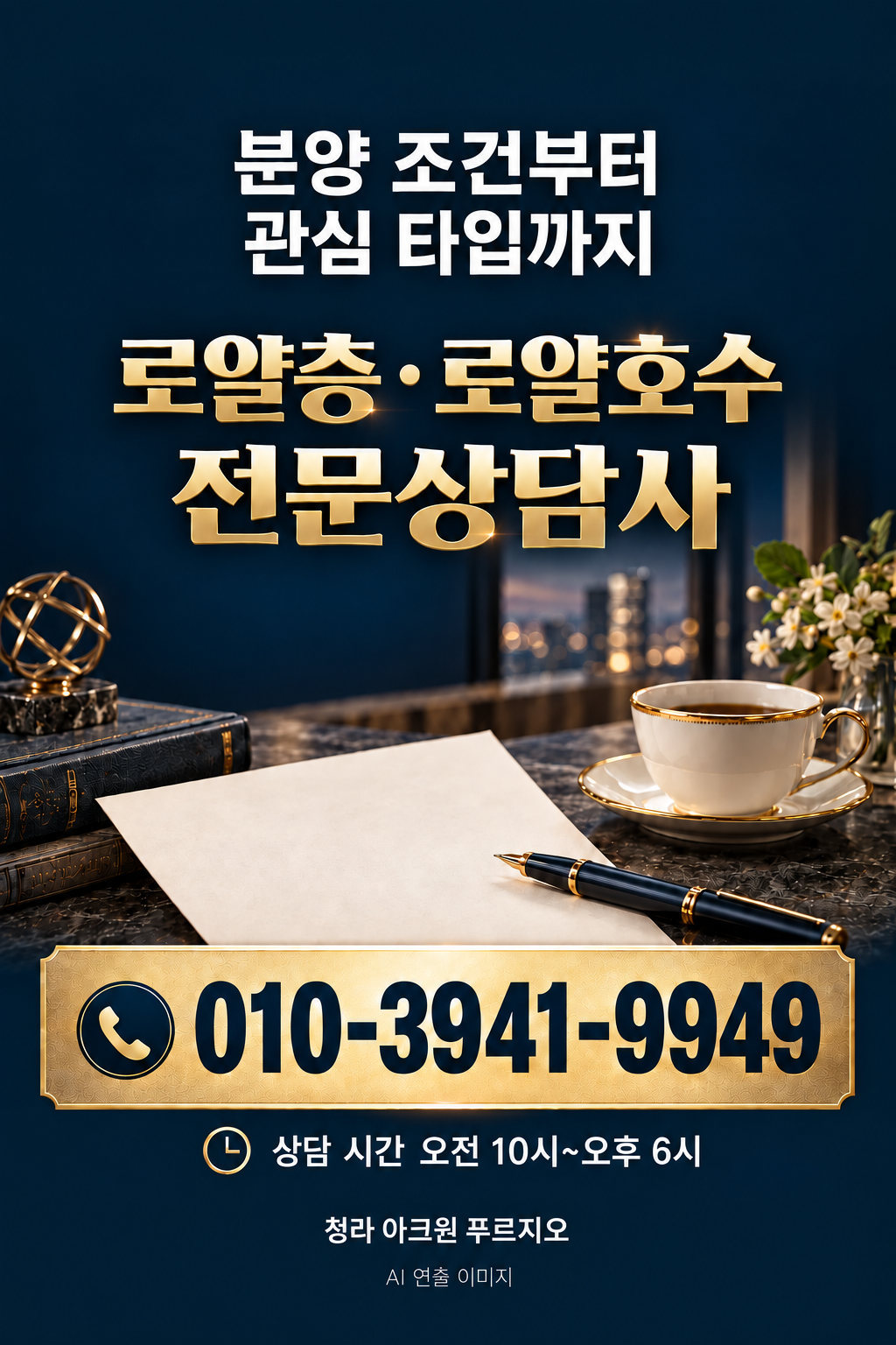 분양 조건부터 관심 타입까지 상담 안내. 010-3941-9949. 상담 시간 오전 10시부터 오후 6시. 청라 아크원 푸르지오. AI 연출 이미지.